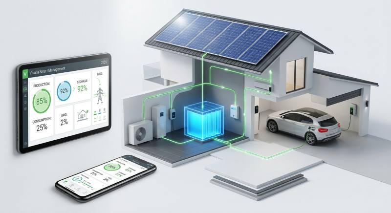Infografica 3D di un ecosistema Smart Home 2026: integrazione fotovoltaico, accumulo, pompa di calore e gestione tramite Intelligenza Artificiale