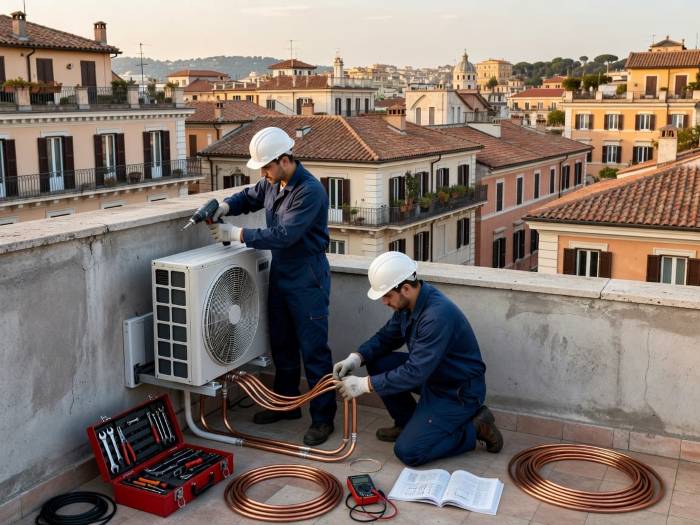 Tecnici Visalia Energia durante installazione pompa di calore a Roma