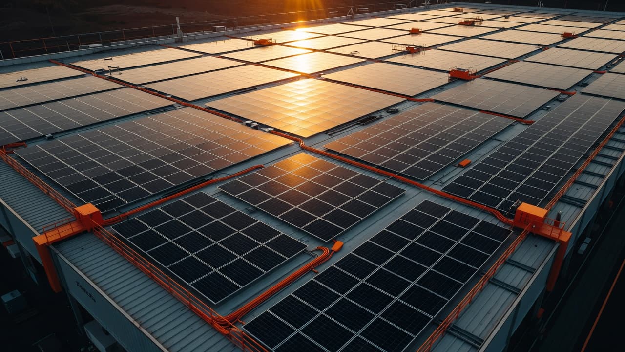 Un'ampia veduta aerea mostra una distesa di moderni pannelli solari installati sul tetto di un capannone. La luce dorata del sole illumina i moduli, evidenziando alcuni dettagli tecnici rifiniti in arancione brillante.
