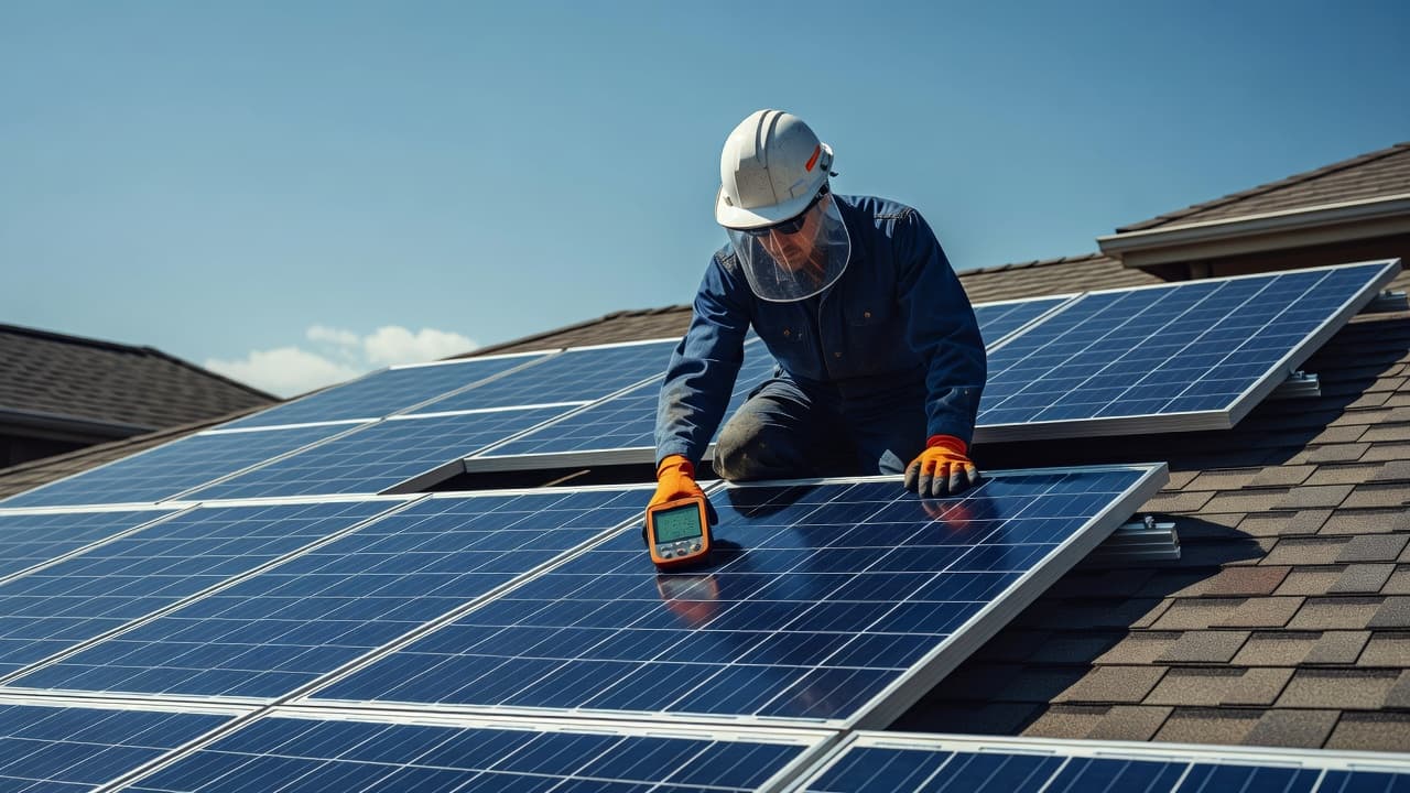 Un tecnico specializzato indossa indumenti protettivi mentre esamina meticolosamente i pannelli solari montati su un tetto residenziale. La luce diurna brillante crea contrasti netti ed enfatizza i dettagli tecnici dell'impianto fotovoltaico.