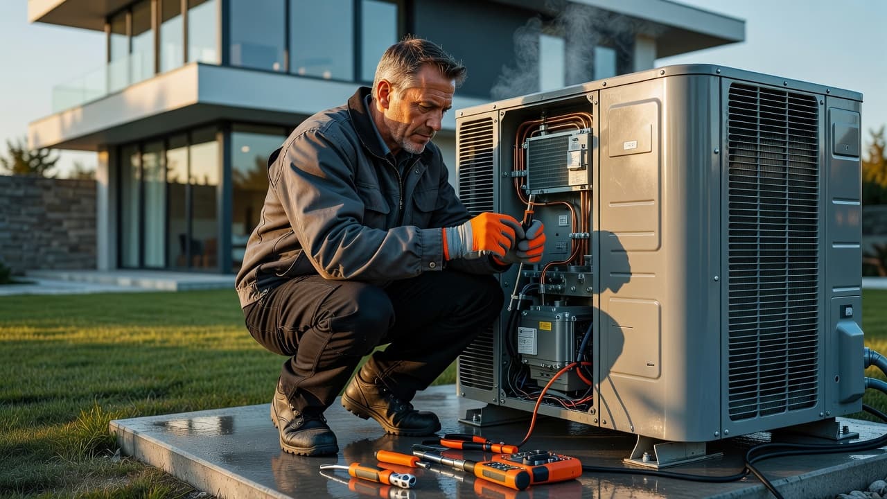 Un tecnico effettua la manutenzione su una pompa di calore esterna in un contesto residenziale.