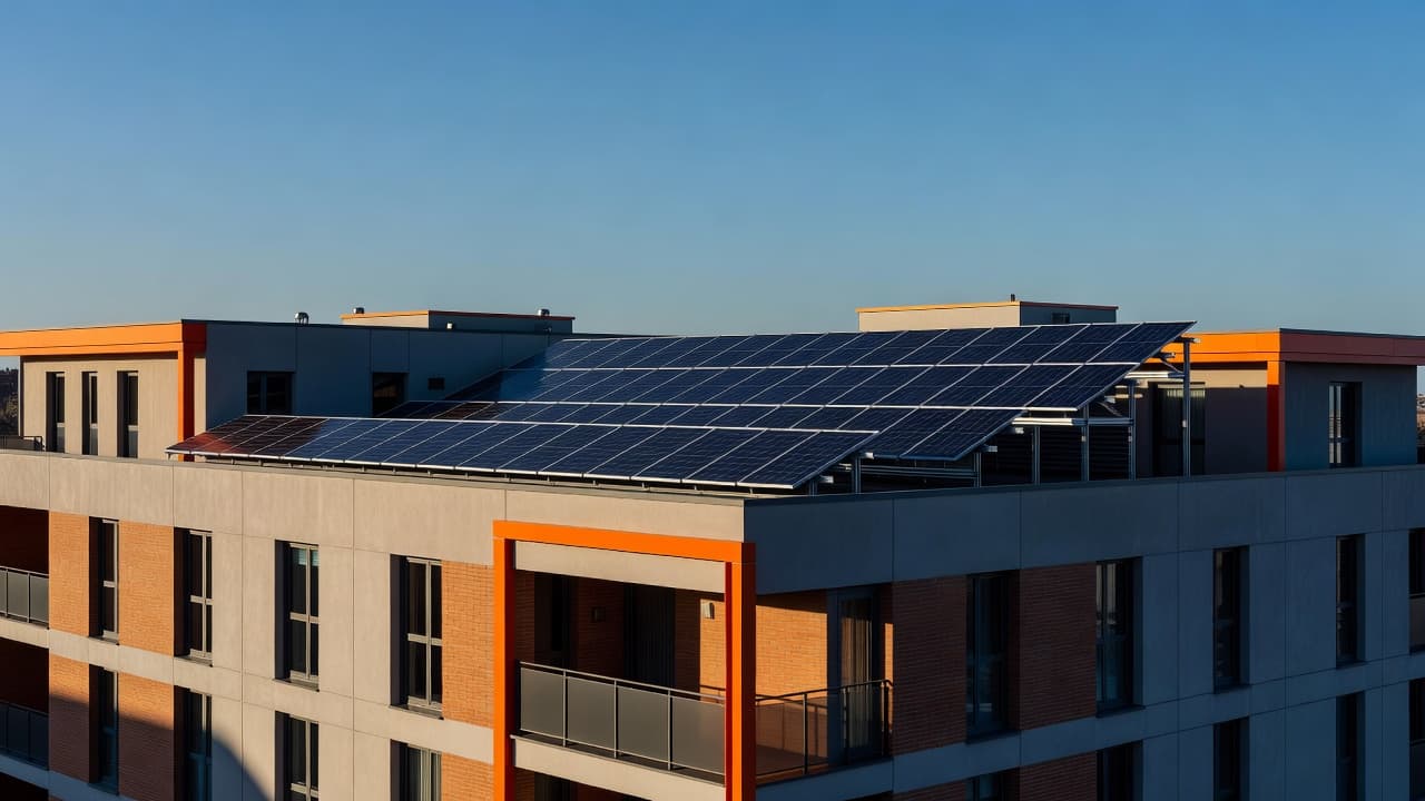 Veduta panoramica di un edificio moderno in Italia dotato di pannelli solari sul tetto.