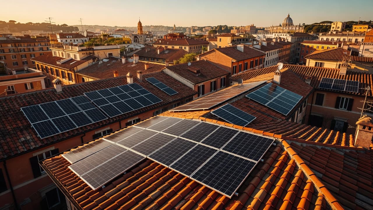 Pannelli solari moderni posizionati sopra un tetto tradizionale in terracotta a Roma.