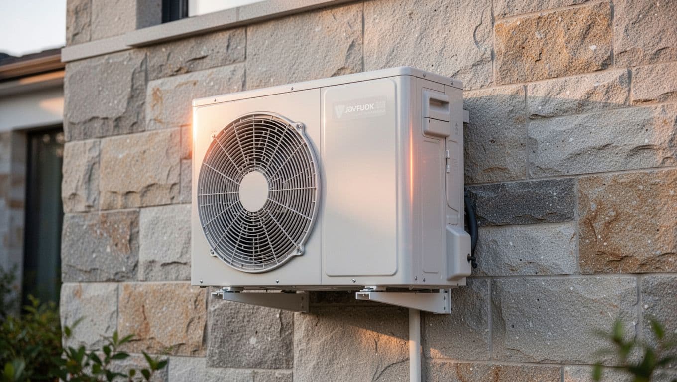 Una moderna unità esterna di pompa di calore bianca è installata contro una parete in pietra naturale. La luce calda del tramonto colpisce la superficie metallica creando accenti luminosi ed eleganti.