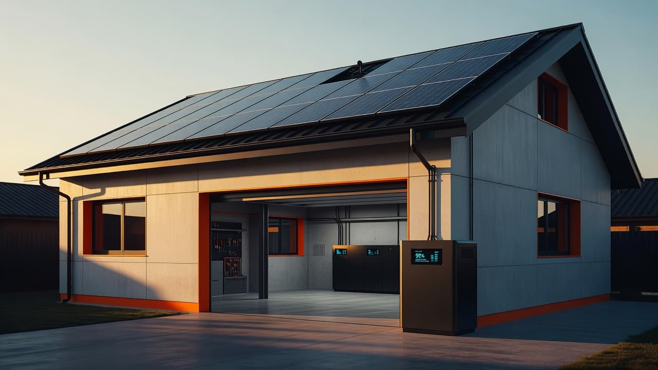 Una moderna abitazione residenziale con pannelli solari sul tetto presenta una batteria di accumulo elegante all'interno del garage. Il design pulito è arricchito da accenti arancioni vibranti sotto luci cinematografiche.