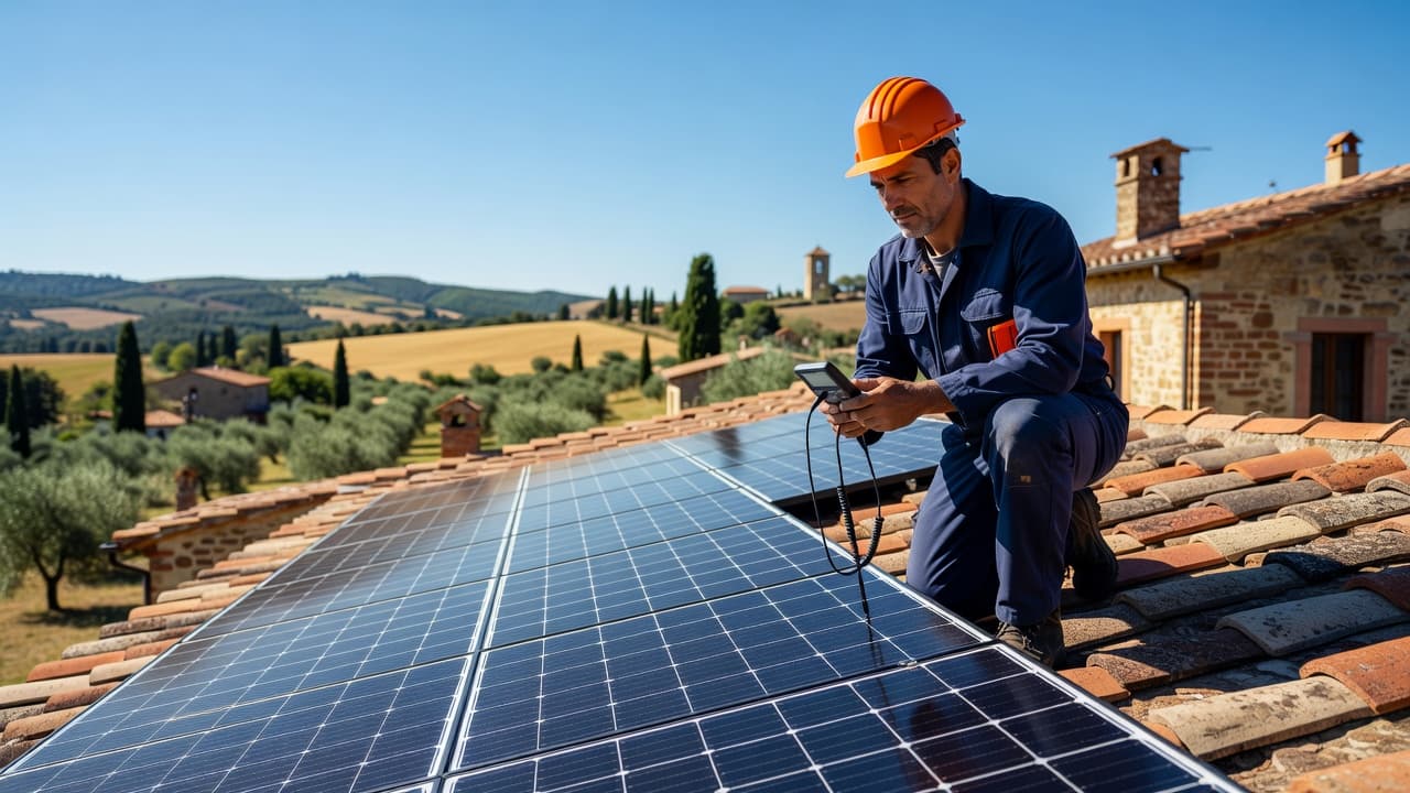 Un operatore controlla un impianto solare installato su un tetto durante una giornata di sole.